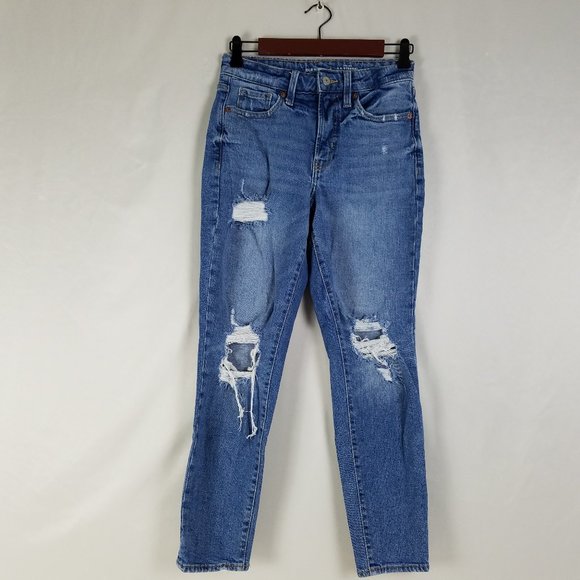 Old Navy Jeans Womens Size 0 High Rise O.G. Straight Leg Destroyed Blue Denim - Picture 1 of 14